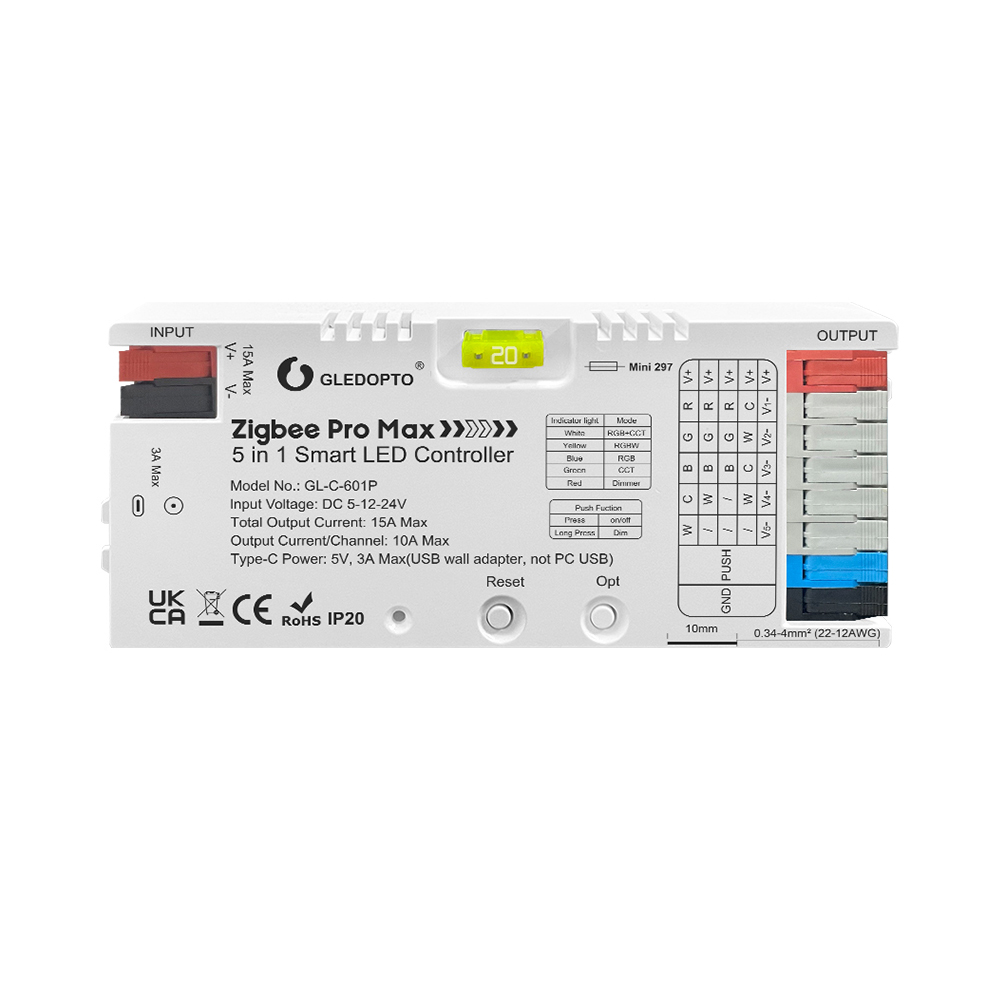 Gledopto ZigBee Pro Max 5in1 LED Controller CCT/RGB/RGBCCT/Single Color (GL-C-601P), Push Switch, DC5~24V, 10A/CH, total max 15A output