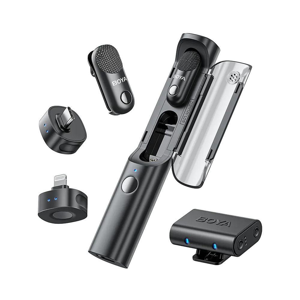 Boya Wireless Microphone Magic 4 in1 3 RX+2 TX+1 Charging case+ 1 All-in-One Storage Bag, Type-c+Lightning+3.5 mm Camera Receiver, Black