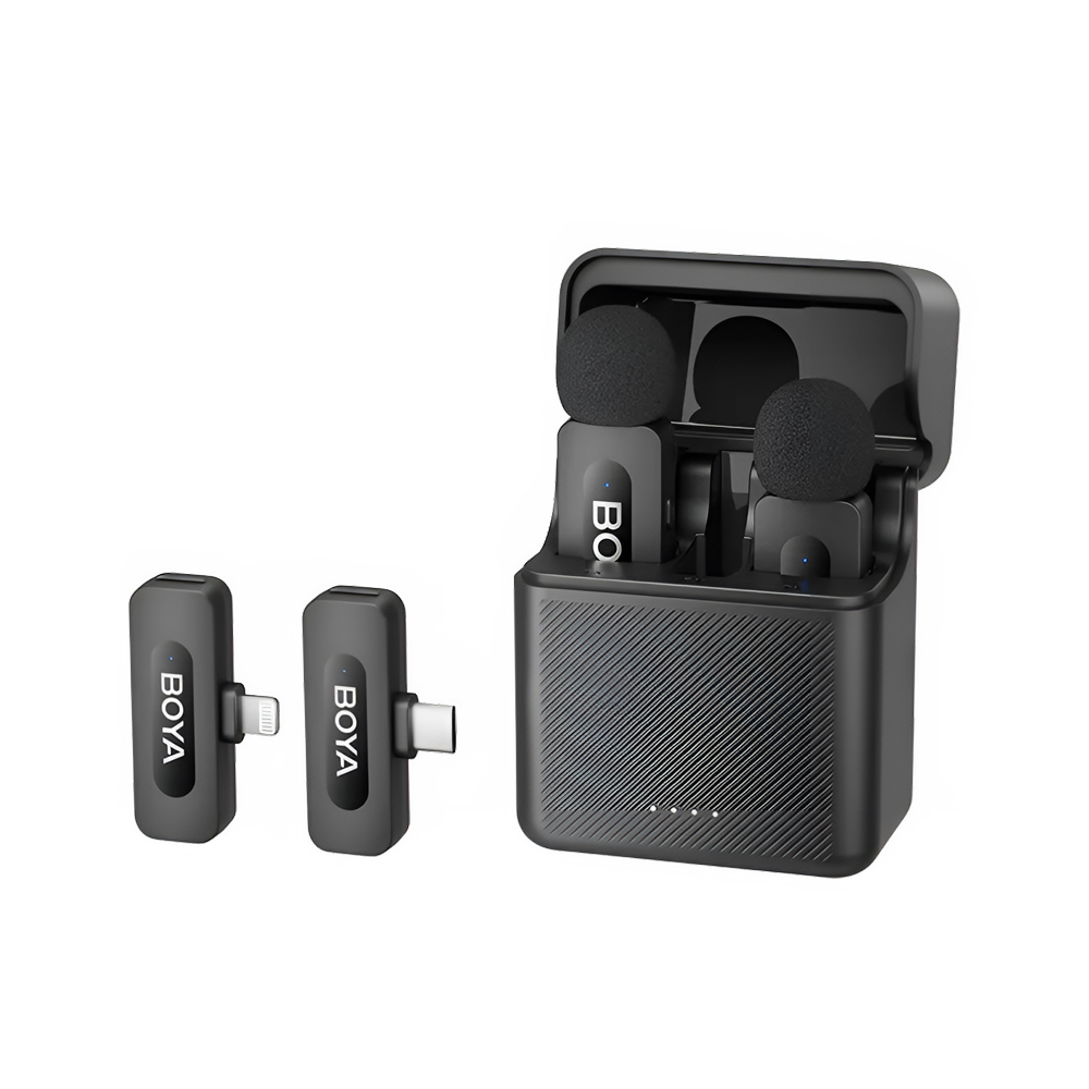 Boya Wireless Microphone Combo 3 in1 3 2TX+2RX+1 charging case(USB-C+Lightning plug), Black