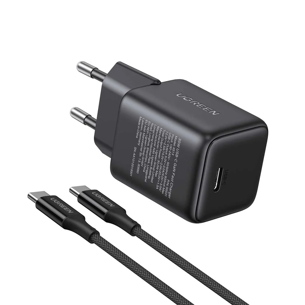 UGREEN Wall Charger GaN with Сable Type-C, 1*Type-C, 30W QC4.0, X513, Black