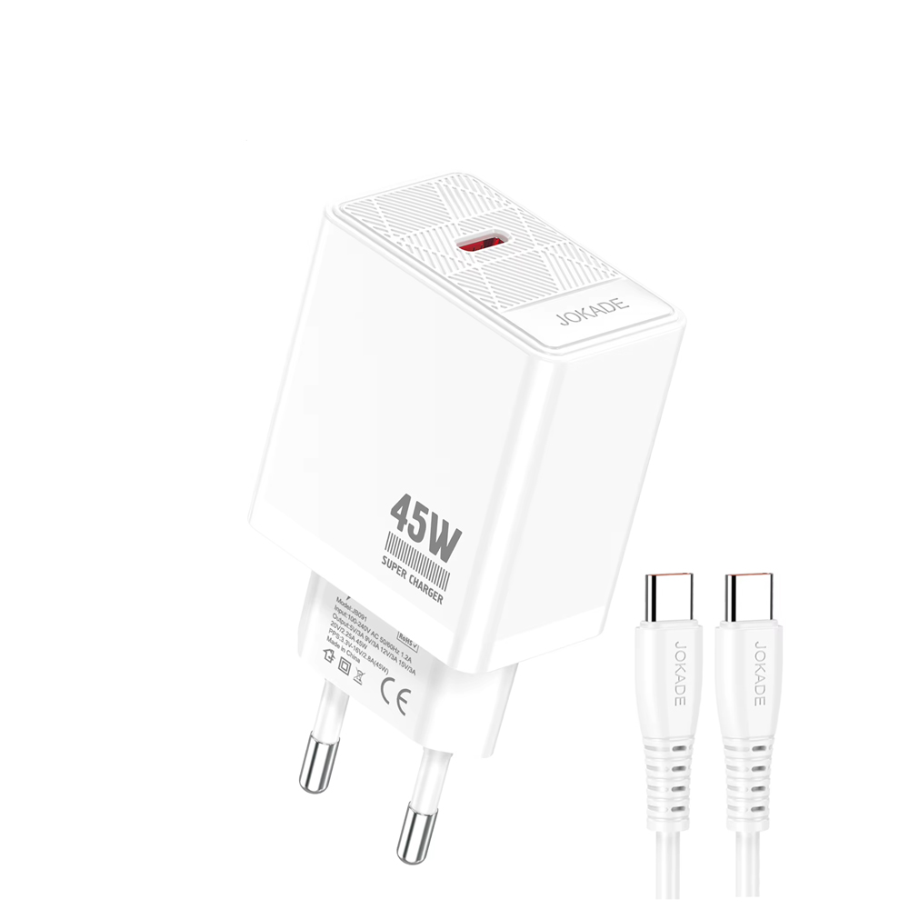 Jokade Wall Charger 1*Type-C with Cable Type-C to Type-C 45W Max JB092, White