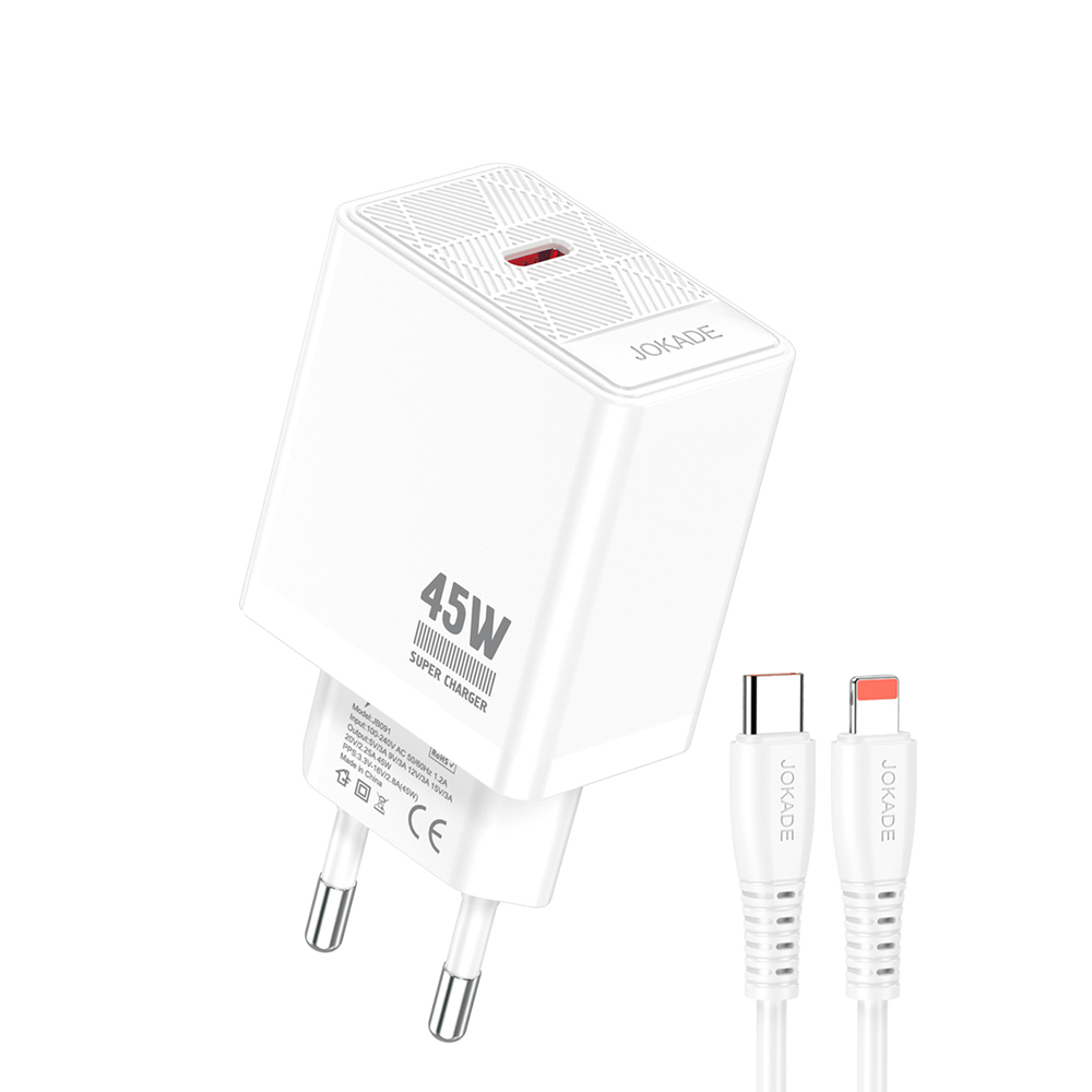 Jokade Wall Charger 1*Type-C with Cable Type-C to Lightning 45W Max JB092, White