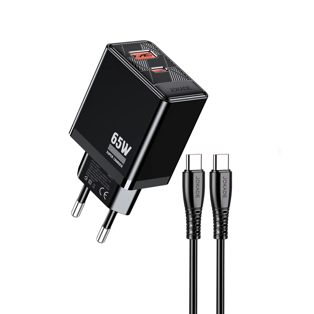 Jokade Wall Charger 1*Type-C+1*USB-A with Cable Type-C to Type-C 65W Max JB090, Black
