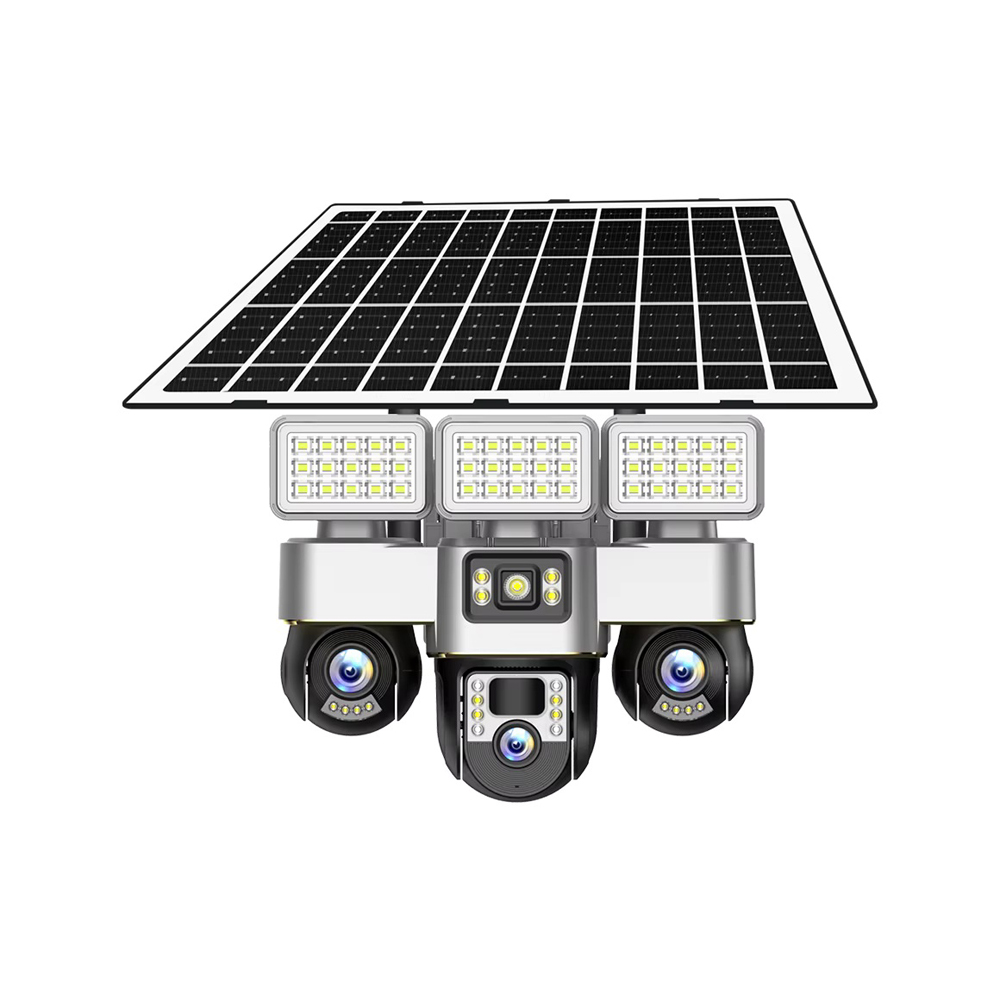 Solar Camera with Floodlight, 3 Lens PTZ, 15MP Ultra HD, 4G/Wi-Fi, 10X Zoom, Built-in Battery, APP V380 Pro, Black