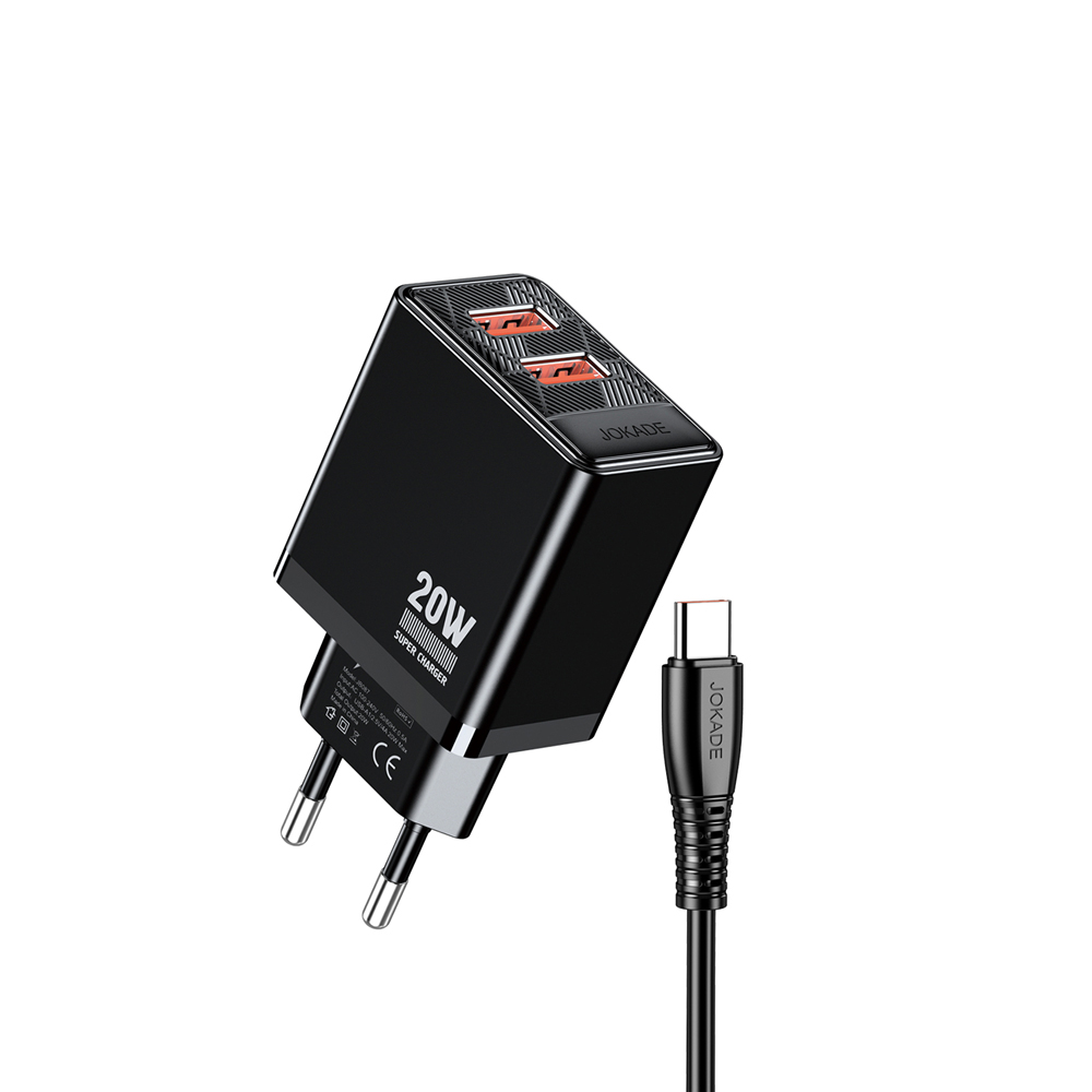 Jokade Wall Charger 2*USB-A 5A,20W with Cable Type-C JB088, Black