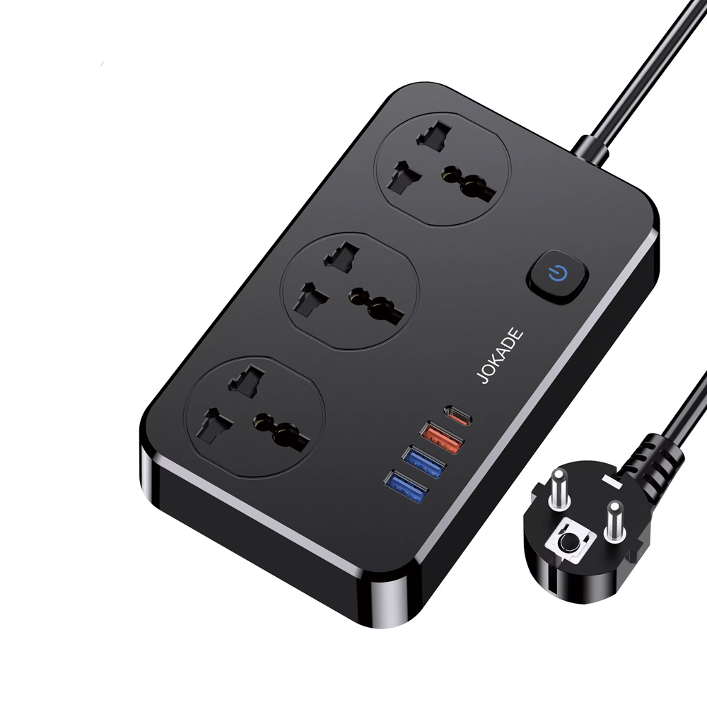 Jokade JB058 3-Outlet Universal Socket with 1C3A USB Ports (EU Plug), Black