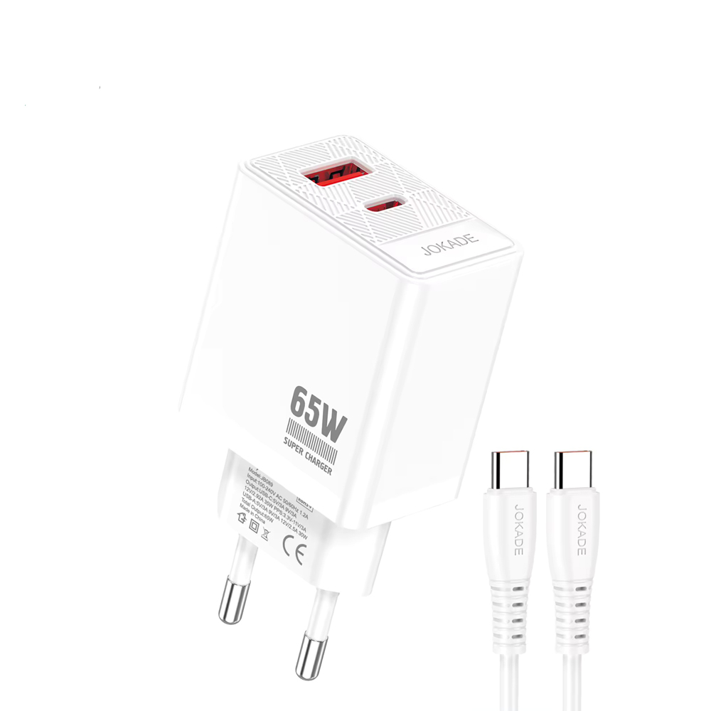 Jokade Wall Charger 1*Type-C+1*USB-A with Cable Type-C to Type-C 65W Max JB090, White