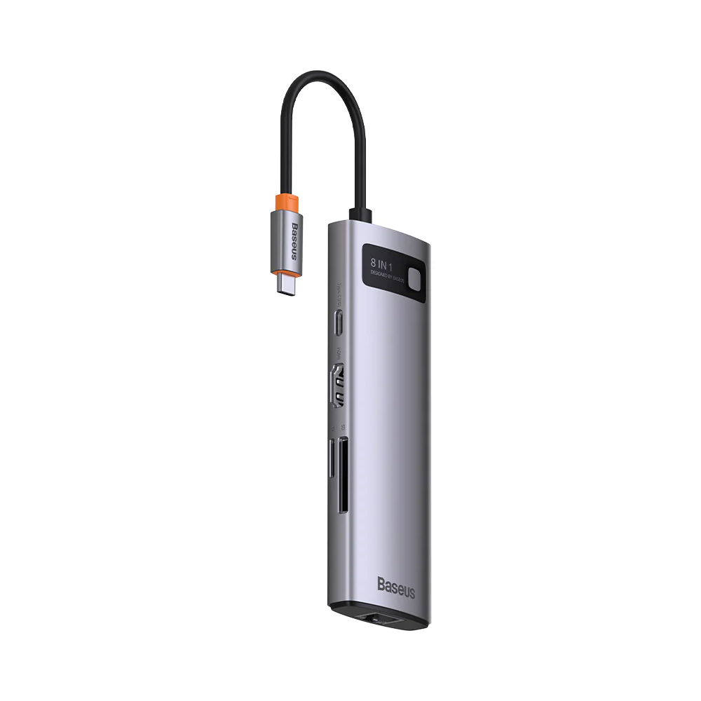Baseus HUB 8in1 Type-C to 1* HDMI4K@60Hz+3*USB-A 3.0+PD*1+RJ45*1+SD/TF*1, Metal Gleam Series, Space Gray