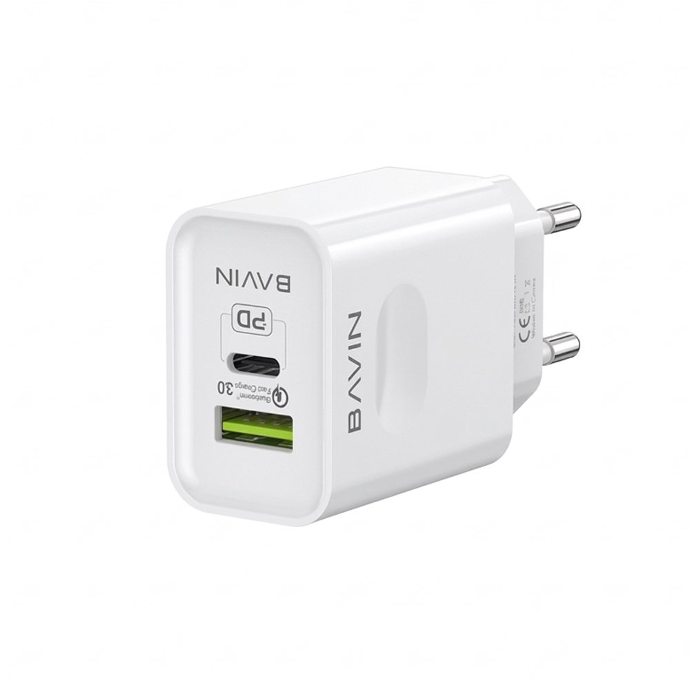 BAVIN Wall Charger QC 3.0 & PD 20W, Dual Port USB-A + Type-C, White