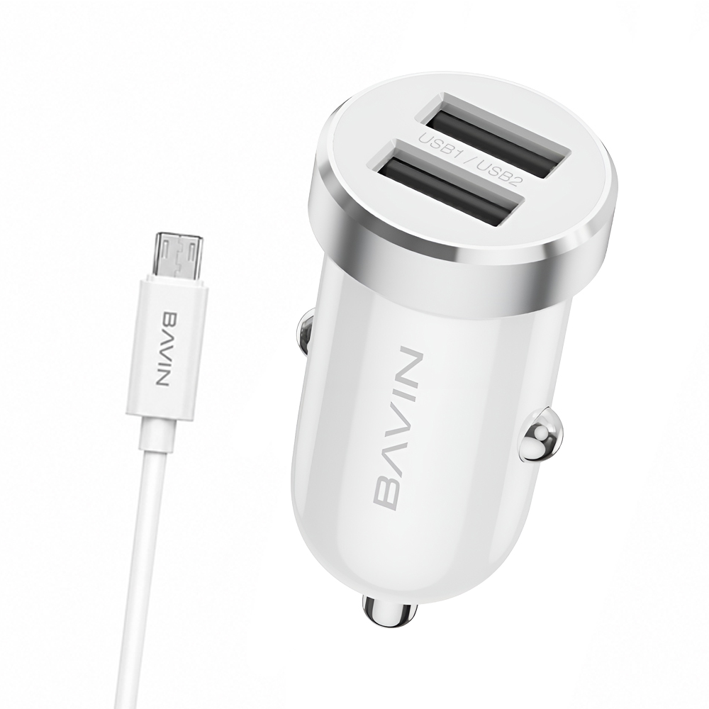 BAVIN Car Charger Dual USB Universal + Cable Micro-USB, 2.4A,12W, White