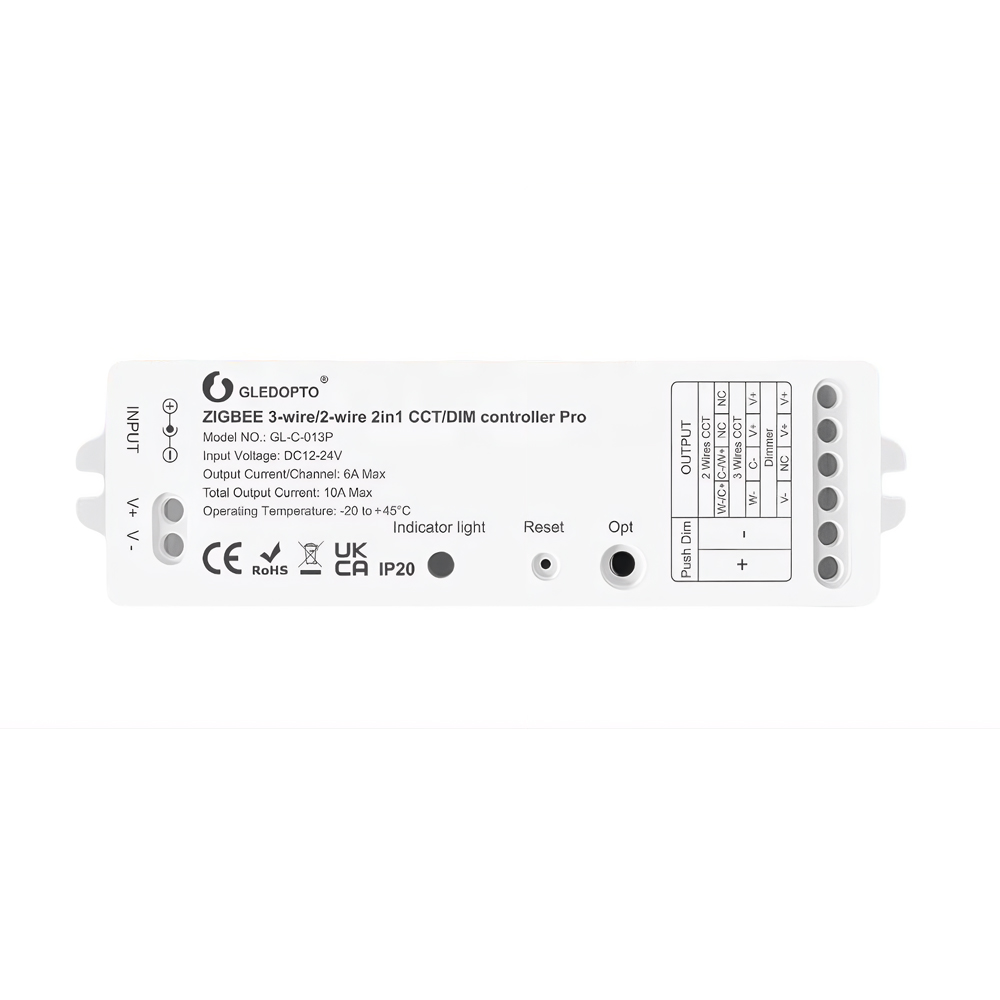 Gledopto ZigBee Pro 3 wire/ 2-wire 2in1 CCT/ DIM LED strip controller, DC12~24V, max 10A.(GL-C-013P)