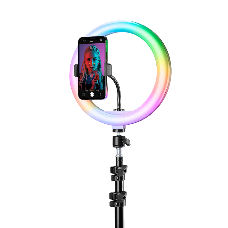 Tripod cu Lampa Circulara Cellularline Selfie Ring Pro Multicolor RGB 10", Black