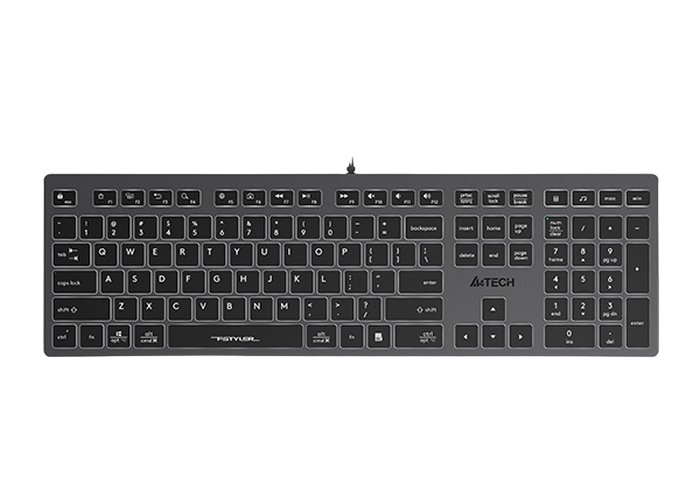 Keyboard A4Tech FX60, 12 Fn keys, Ultra slim, Scissor Switch Keys, Chocolate Keycaps, Splash Proof, White Backlit, 1.5m, USB, EN/RU/RO, Grey