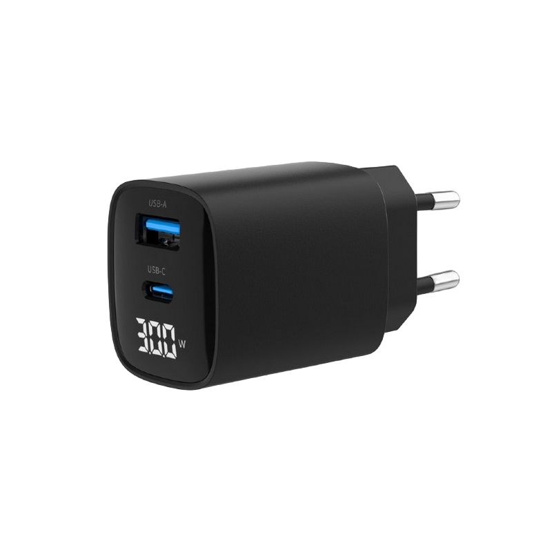 Wall Charger Gembird 2-port: Type-C 30W PD; Type-A 20W QC 3.0, fast charger, LCD, Black