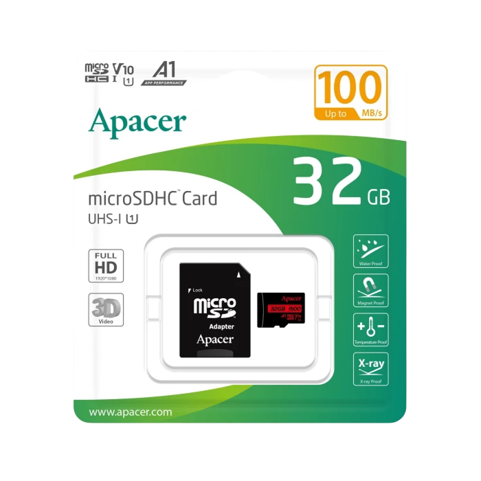 ..32GB MicroSD (Class 10) UHS-I (U1) +SD adapter, Apacer "AP32GMCSH10UB-R" (R:100MB/s)