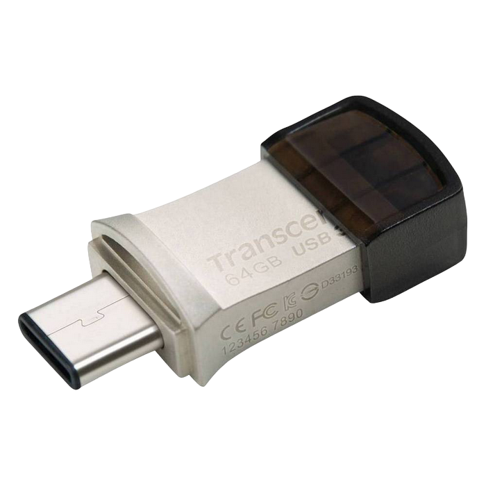 64GB USB3.1/Type-C Flash Drive Transcend "JetFlash 890", Silver, Metal Case, OTG (R/W:90/30MB/s)