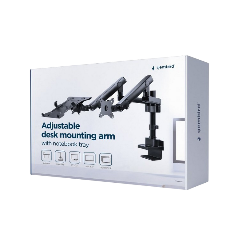 Table/desk 1-display & notebook mounting "MA-DA-02" Gembird, (rotate,tilt,swivel), 17”-32”,up to 8 kg,VESA:75x75,100x100