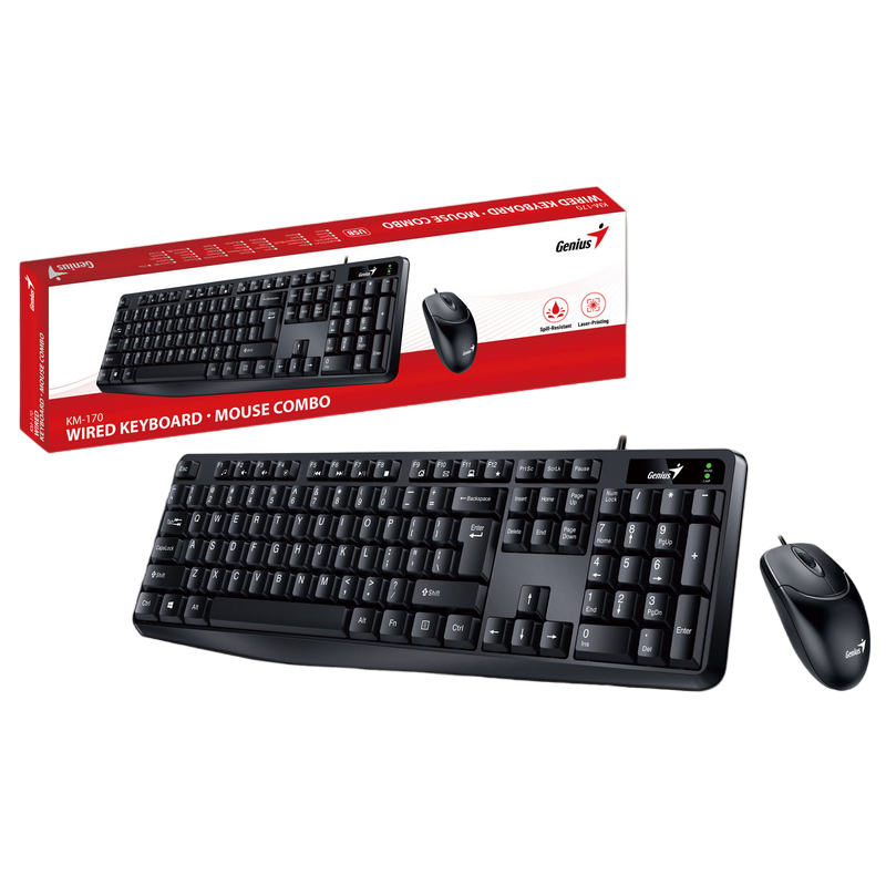 Keyboard & Mouse Genius KM-170, Spill resistant, Fn keys, Quiet typing, Kickstands, 1000dpi, 3 buttons, 1.4m/1.5m, USB, EN/RU, Black