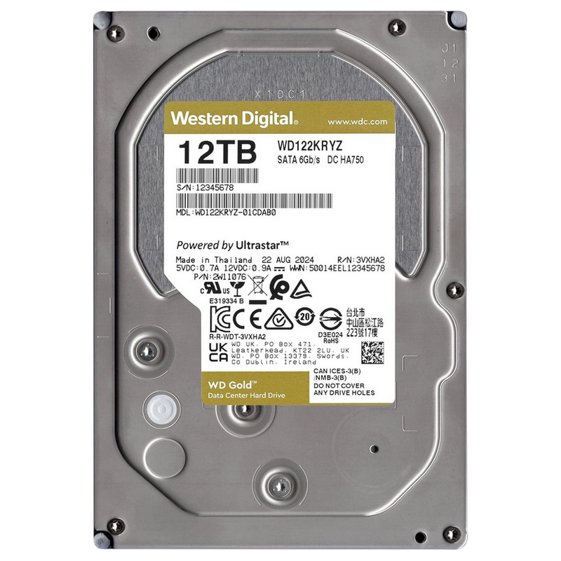 3.5" HDD 12.0TB-SATA-512MB Western Digital "Gold (WD122KRYZ)", Enterprise, 24/7, CMR, 7200rpm, 2.0M (MTBF)