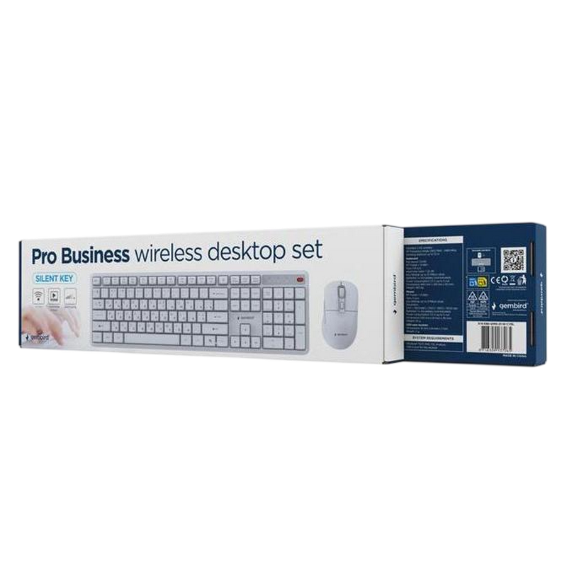 Wireless Keyboard & Mouse Gembird Silent key Pro Business KBS-WMS-01-W-CYRL, Silent, Slim , 5000dpi, 6 buttons, Ambidextrous, 2.4Ghz, EN/RU, White