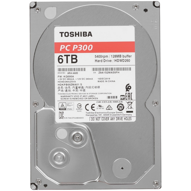 3.5" HDD 6.0TB-SATA- 128MB Toshiba P300 Desktop PC "HDWD260UZSVA", SMR