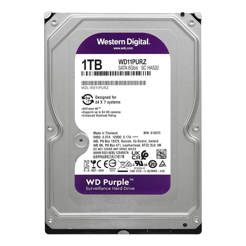 3.5" HDD 1.0TB-SATA- 64MB Western Digital "Purple (WD11PURZ)", Surveillance, CMR
