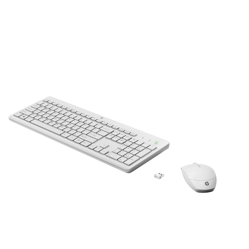 Wireless Keyboard & Mouse HP 230, Full size; 3-zone layout, Low profile key travel; 2.5 mm, 1600dpi, 3 buttons, 2.4 GHz, 2xAAA/1xAA, EN/RU, White