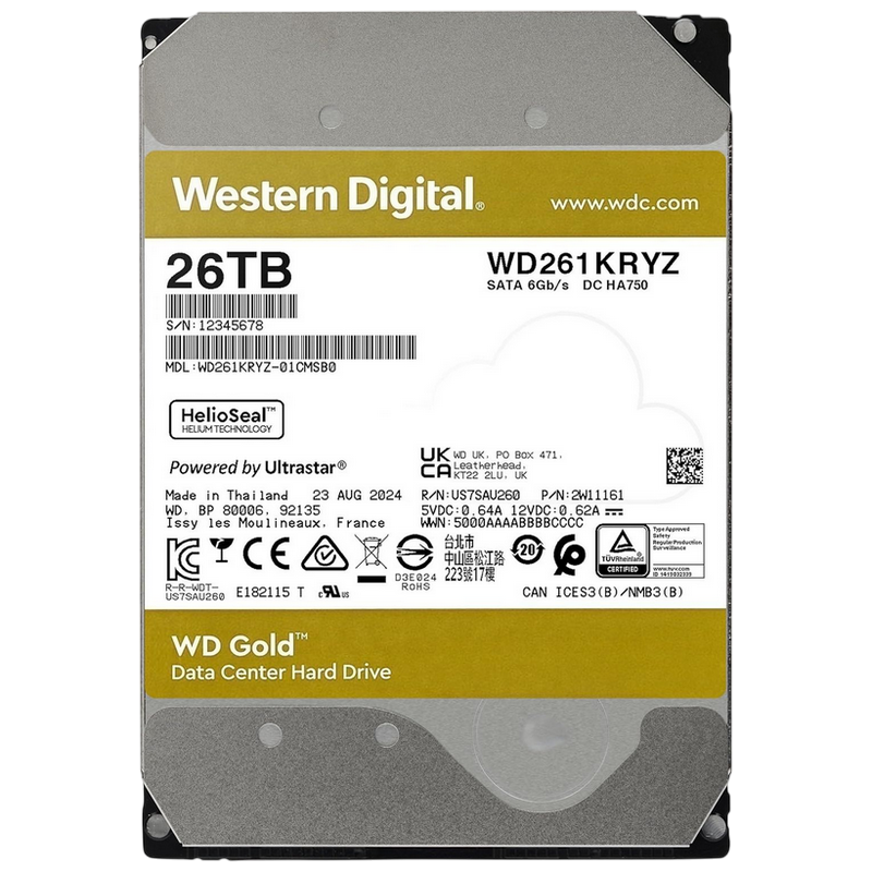 3.5" HDD 26.0TB-SATA-512MB Western Digital "Gold (WD261KRYZ)", Enterprise, 24/7, CMR, 7200rpm, 2.5M (MTBF)