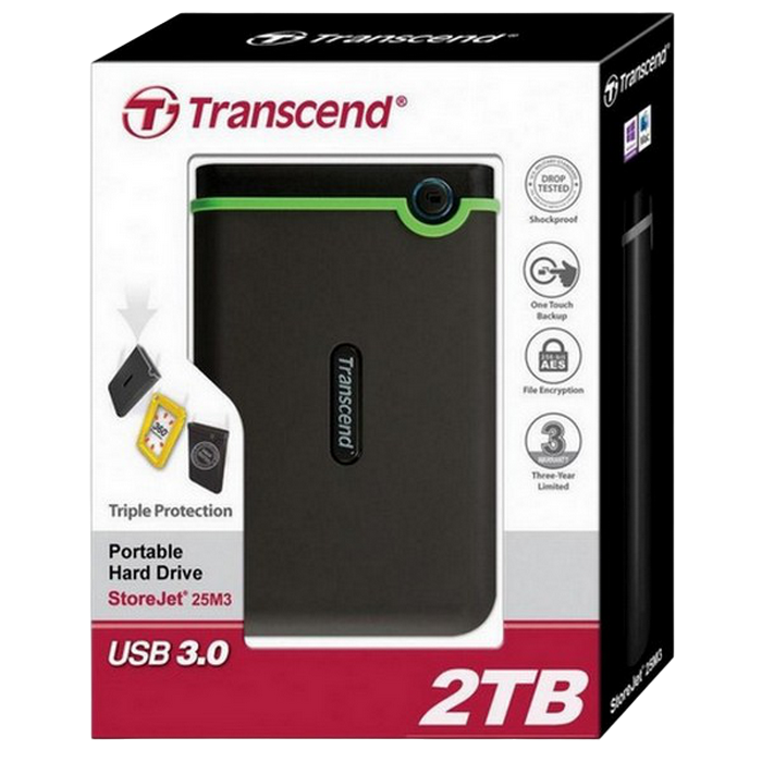 2.0TB (USB3.1/Type-C) 2.5" Transcend "StoreJet 25M3C", Iron Gray, Rubber Shock-Resistant, 1T Backup