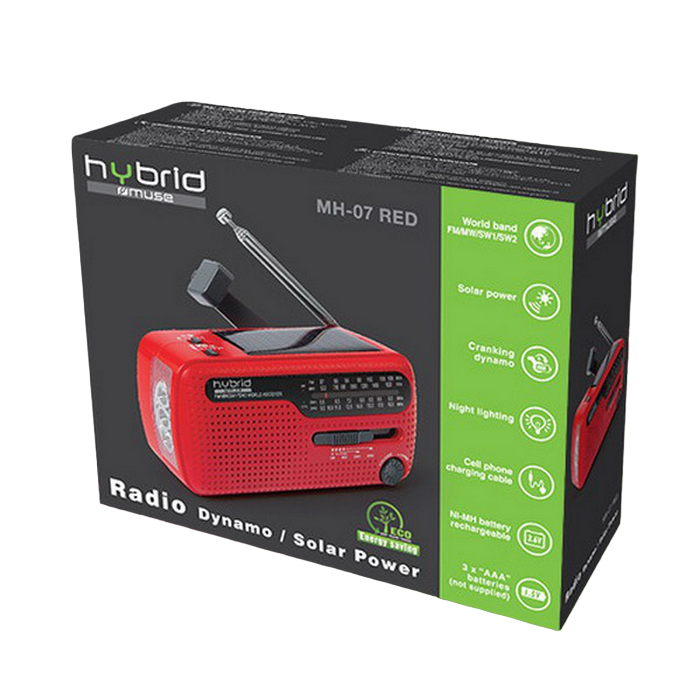 MUSE MH-07 RED, Tuner FM, Clocks, Cranking Dynamo, Solar Power, RED