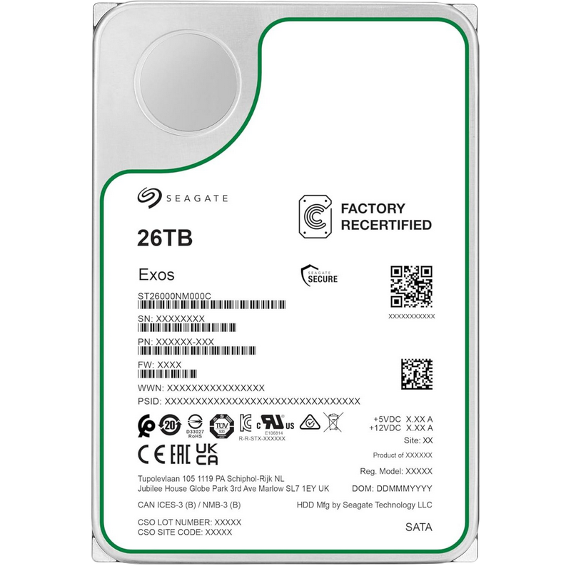 3.5" HDD 26.0TB-SATA- 512MB Seagate Exos (ST26000NM000C-FR), Recertified, Enterprise, CMR, 7200rpm, 2.5M (MTBF)