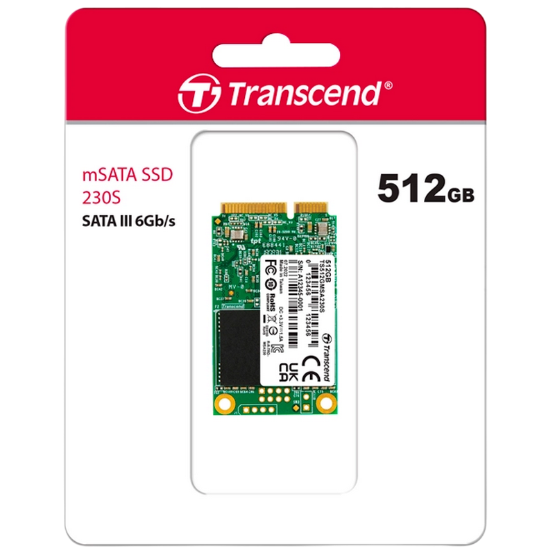 .mSATA SSD 512GB Transcend "TS512GMSA230S" [R/W:550/400MB/s, 55/70K IOPS, SM2258H, 3D TLC]