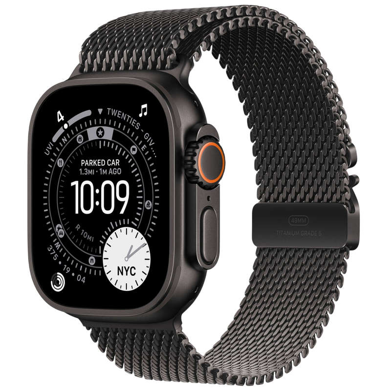 Apple Watch Ultra 3 GPS + Cellular, 49mm Black Titanium Case with Black Titanium Milanese Loop - Large, MF1T4