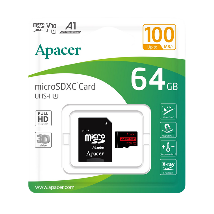..64GB MicroSD (Class 10) UHS-I (U1) +SD adapter, Apacer "AP64GMCSX10UB-R" (R:100MB/s)